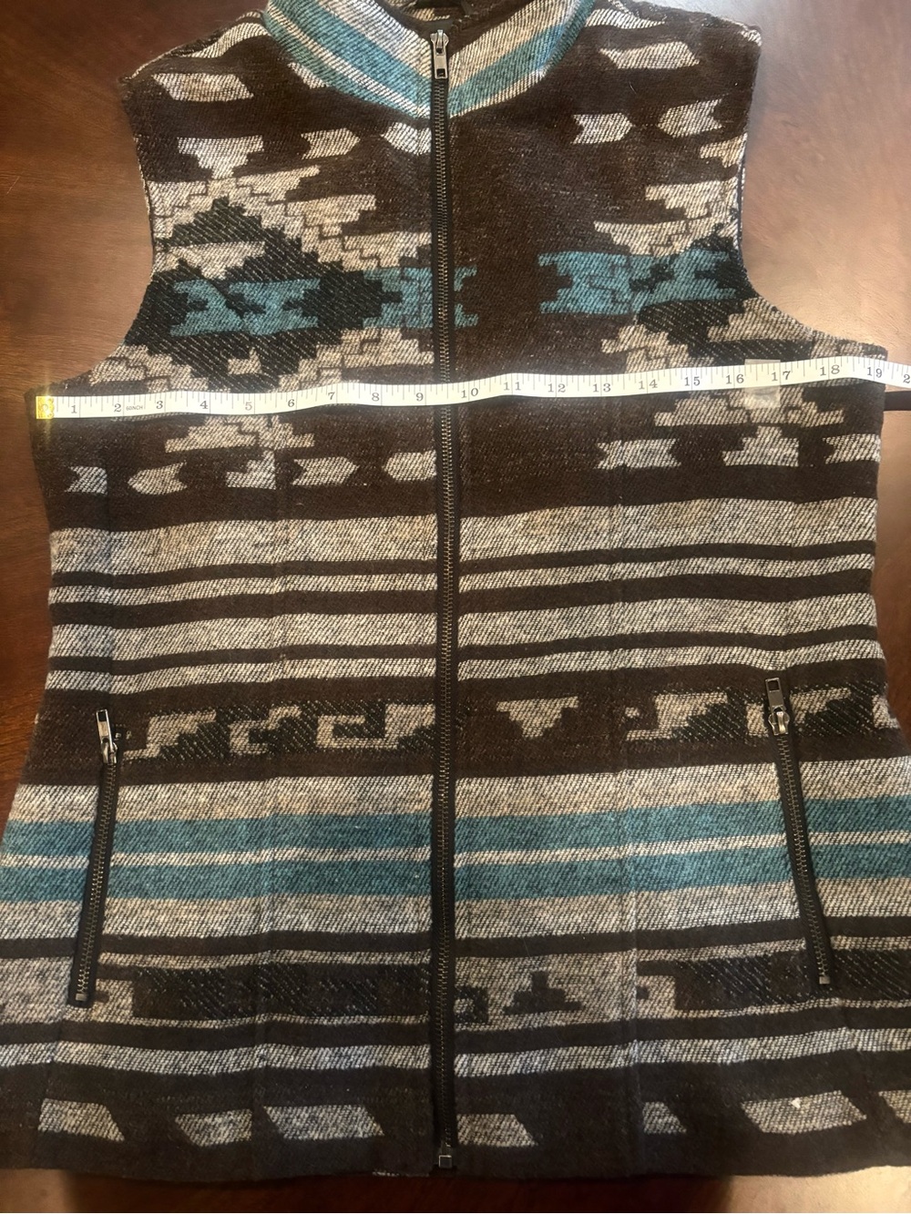 Sleeveless Zip-Front Wool Blend Vest in Brown & Teal - Picture 4 of 7